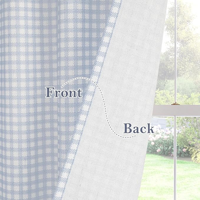 RYB HOME Checkered Cafe Curtains 24 inch Length, Linen Gingham Small Window Treatment Vintage Farmhouse Plaid Curtains Valance for Kitchen Living Room Bathroom, Blue, W26 x L24, 2 Panels