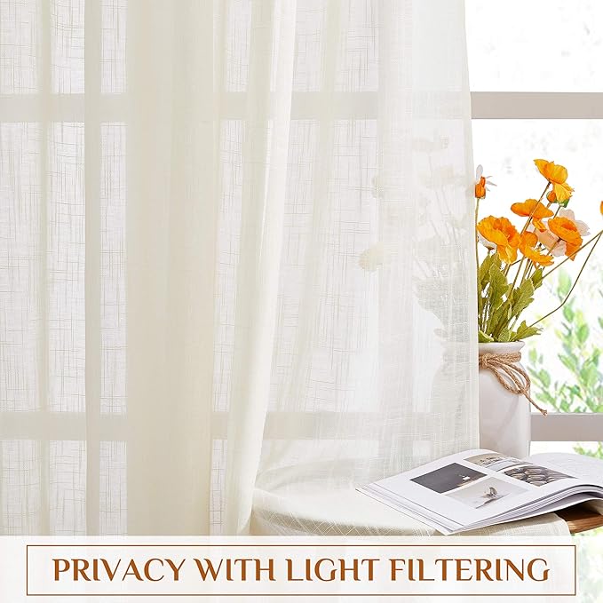 NICETOW Faux Linen Living Room Curtains 96 inch Length, Rod Pocket & Back Tab Window Treatments Semi Sheer Drapes Privacy with Light Filtering for Bedroom, Natural, 2 Panels, W34 x L96