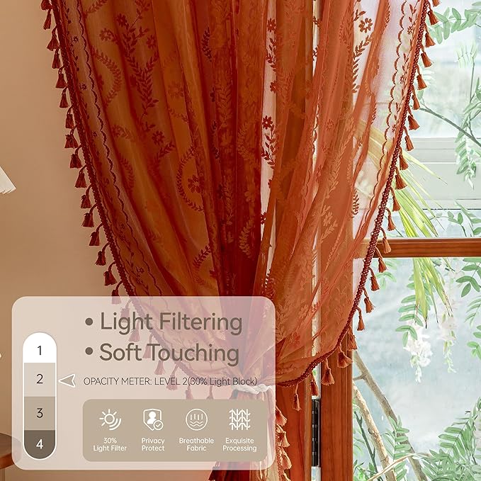 WAZZIO Boho Lace Curtains 105 Inch 2 Panels-Vintage Sheer Panel Drape Floral Pattern & Tassel Light Filtering Privacy for Bedroom Dining Living Room,Cottage Earthy Full Decor Terracotta,W52 x 105L