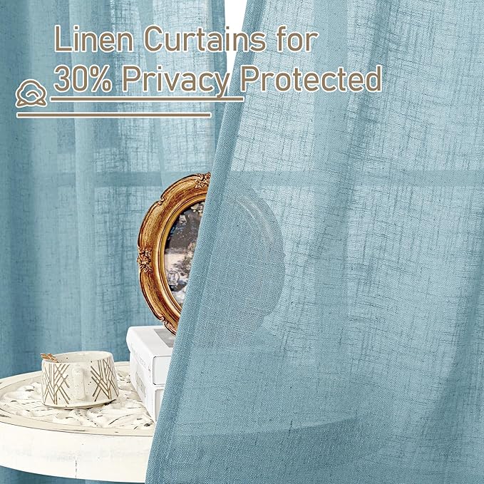 LAMIT 102 Inches Long Linen Curtains for Living Room, Back Tab and Rod Pocket Semi Sheer Curtains Light Filtering Farmhouse Drapes for Bedroom/Dining Room, Stone Blue, Set of 2, 52 x 102 Inch