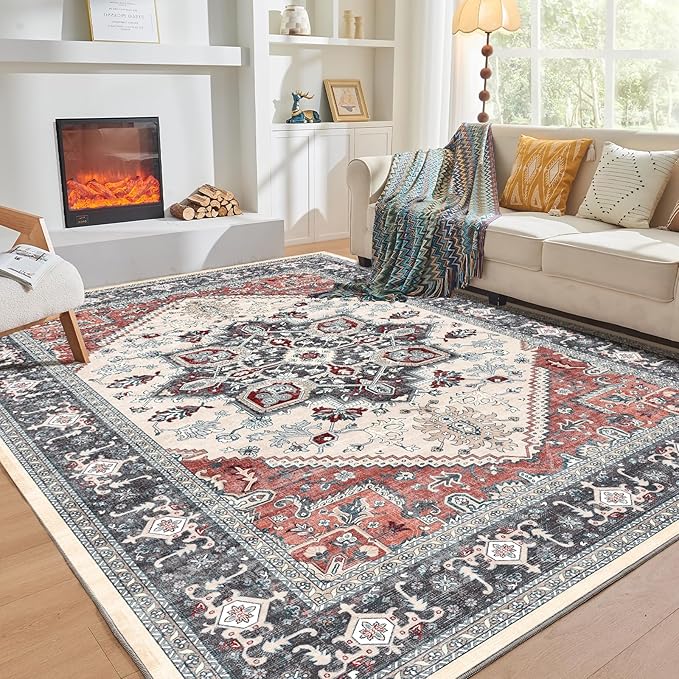 OPPODREAM Soft Area Rugs 3x5, Washable Rugs with Non Slip Backing, Low-Pile Throw 3x5 Carpet, Faux Cashmere 3 x 5 Carpet, Black & Red