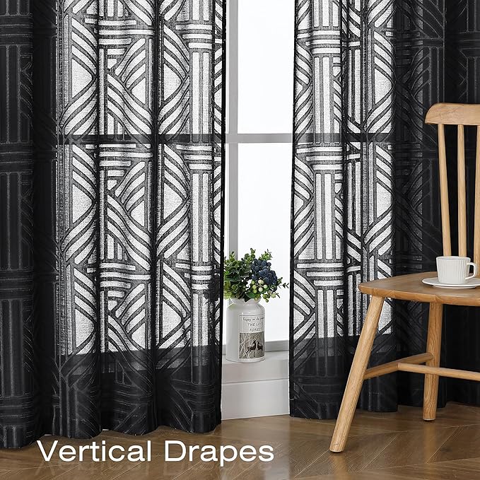 Simplebrand Semi Sheer Black Curtains 36 Inch Length 2 Panels, Geometric Jacquard Clip Textured Short Sheer Curtains for Bedroom，Modern Elegant Window Curtains Panels/Drapes/Treatment, 30x36 inch