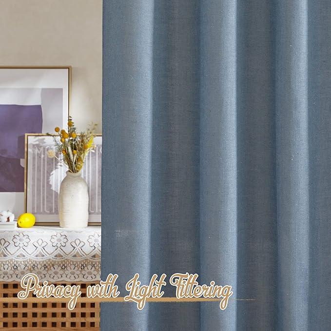 NICETOWN Linen Blend Stone Blue Curtains for Living Room, Rod Pocket & Back Tab Flax Burlap Drapes Semi Sheer Privacy with Light Filtering Window Treatments for Bedroom, W52 x L84, 2 Panels