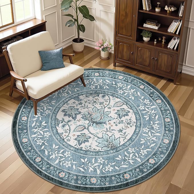 GarveeHome Misty Blue Botanical Grove 4ft Round Rug, Small Circle Vintage Cottagecore Soft Low-Pile Non-Slip Washable Rugs for Living Room Bedroom Nursery Kitchen Retro Carpet