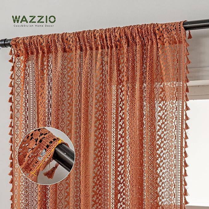 WAZZIO Boho Lace Curtains 63 Inches 2 Panel,Light Filtering Privacy Tassel & Geometry Crochet Semi Sheer Curtain Drapes for Bedroom Living Dining Room,Rod Pocket & Tassel,Full Decor,Burnt Orange