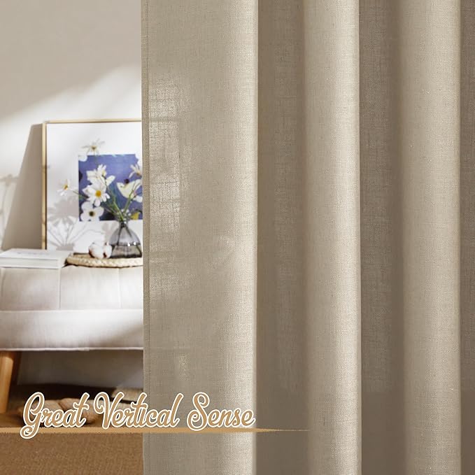 NICETOWN Taupe Curtains 84 inch Length 2 Panels Set, Rod Pocket & Back Tab Natural Linen Burlap Semi Sheer Window Treatments Privacy with Light Filtering for Bedroom/Living Room, W52 x L84