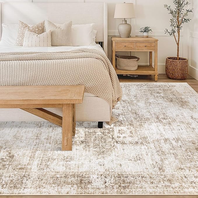 Area Rug 6x9 Washable Rug, Vintage Boho Medallion Rugs Non-Slip Soft Low Pile Large Distressed Rug Indoor Retro Carpet for Living Room Bedroom Dining Room Home Office (Brown, 6'x9')