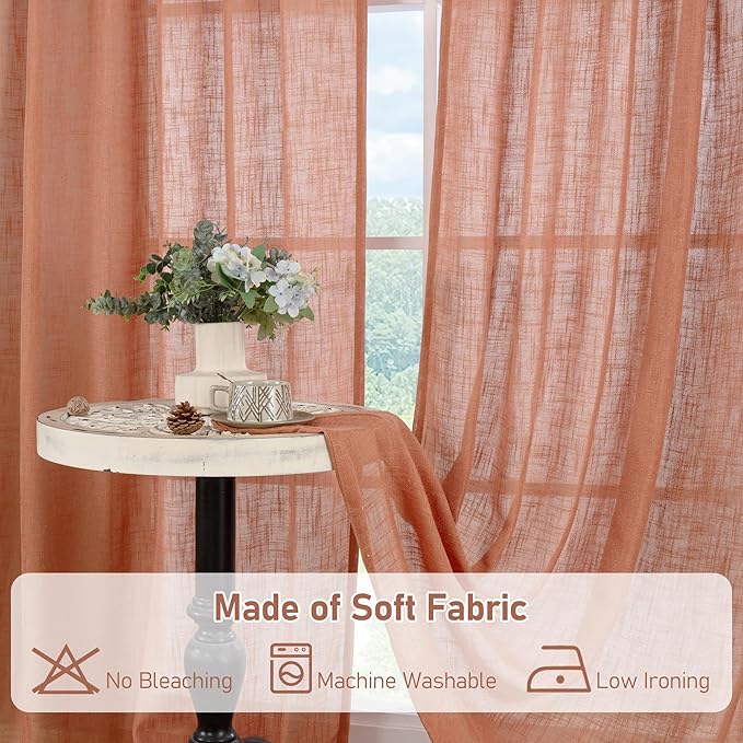 LAMIT Terracotta Linen Semi Sheer Curtains 45 Inch Length, Light Filtering Neutral Window Curtains Farmhouse Boho Bronze Grommet Fall Decor Panels for Bedroom, 2 Panels, 34 x 45 Inch