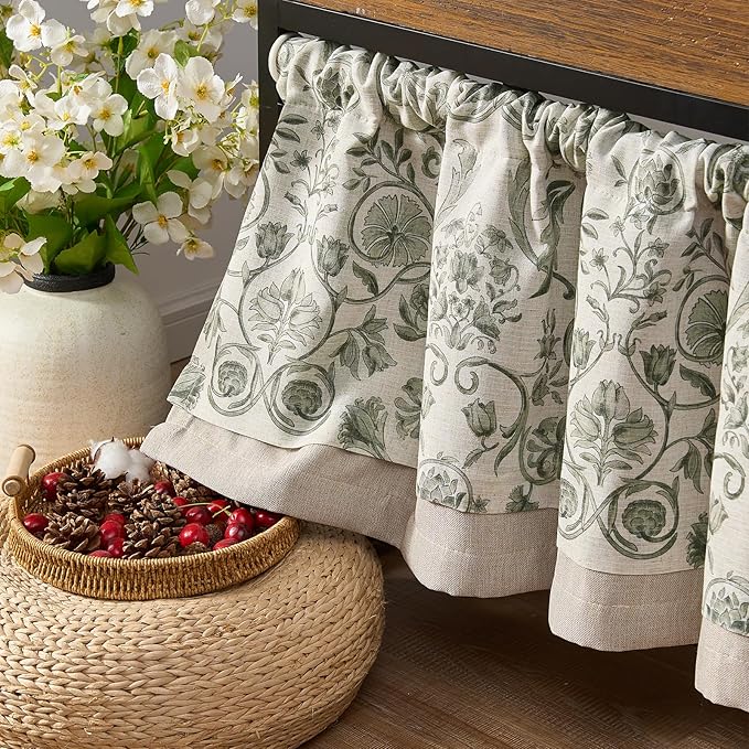 jinchan Linen Valance Kitchen Curtain for Windows Double Layer 16 Inch for Living Room Bedroom Window Treatment Light Filtering Vintage Rustic Farmhouse Cottagecore Rod Pocket 1 Panel Green on Beige