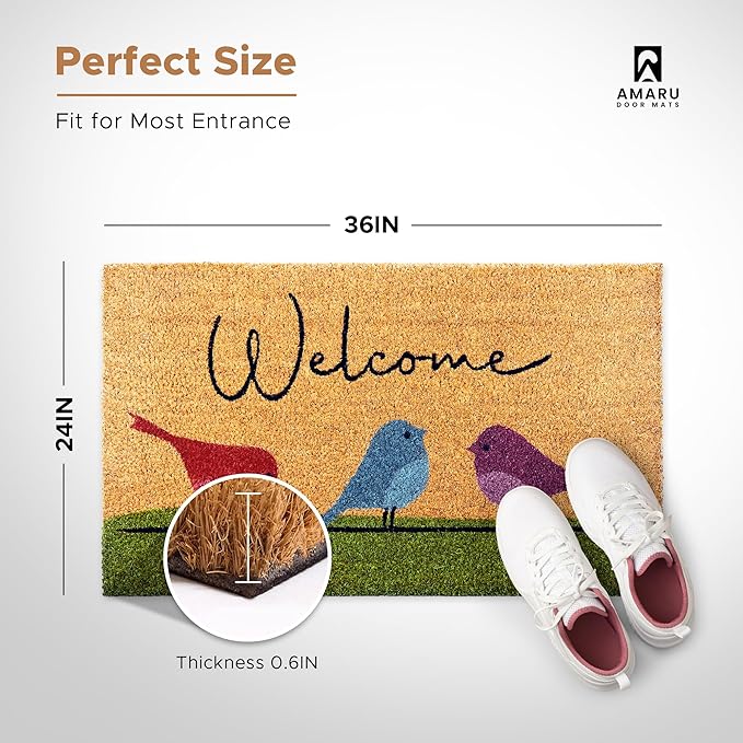Colorful Birds - 24"x36" - Coir Door Mat with Heavy Duty Backing - Welcome Mats for Entryway, Porch - Anti-Slip PVC & Coconut Fiber Surface - Natural Home Accessories, Minimalist Original Design