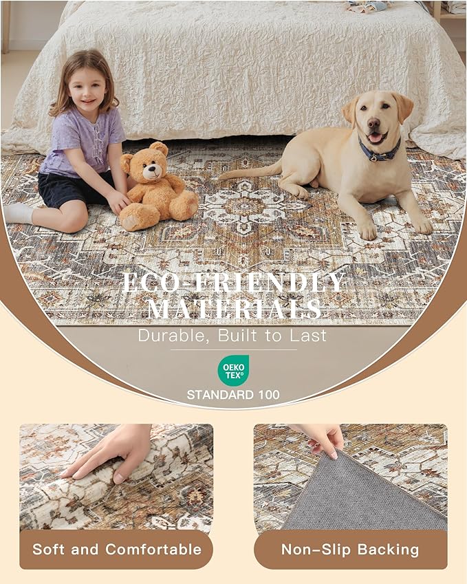 Madane 4x10 Wide Hallway Runner Rug: Washable Soft Rug Runners for Living Room Bedroom, Stain Resistant Low Pile Area Rugs Thin Non Slip Floor Carpet for Ktichen Dining Room (Turmeric/Grey,4x10)