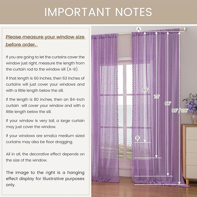 WAZZIO Boho Lace Curtains 84 Inches 2 Panel,Light Filtering Privacy Tassel & Geometry Crochet Semi Sheer Curtain Drapes for Bedroom Living Dining Room,Rod Pocket & Tassel,Lavender Purple