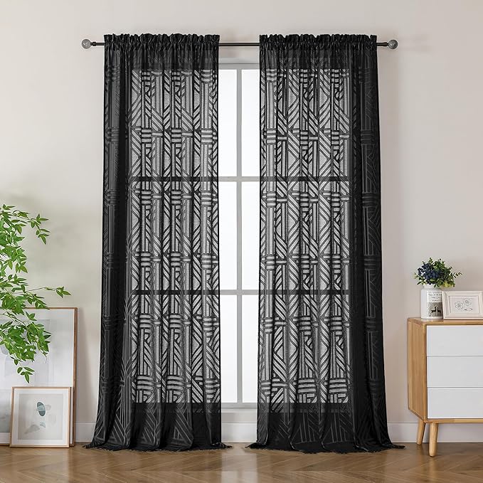 Simplebrand Semi Sheer Black Curtains 96 Inches Long 2 Panels, Light Filtering Geometric Jacquard Clip Textured Sheer Curtains for Living Roon，Modern Elegant Window Curtains Drapes，52x96 inch