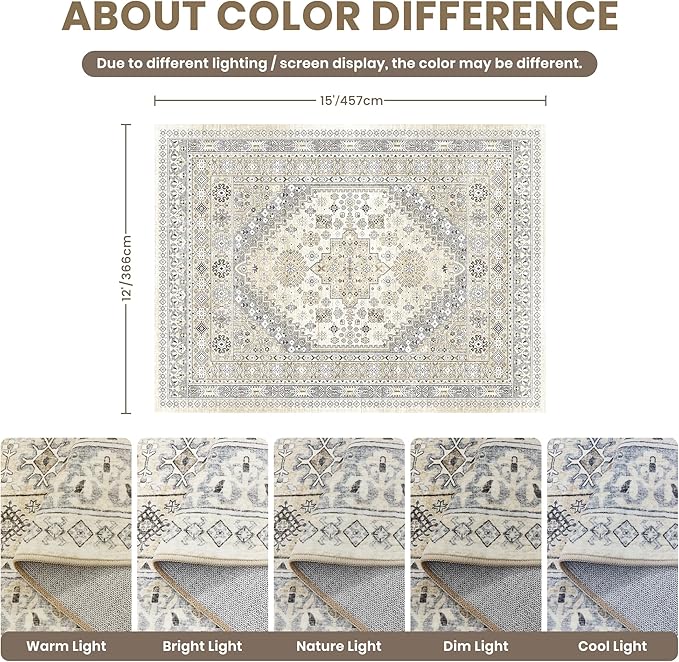 zesthome 12x15 Area Rugs, Large Washable Rug, Ultra-Thin Stain Resistant Rugs for Living Room, Bedroom, Non-Slip Backing Home Decor Area Rug (Beige,12'x15')