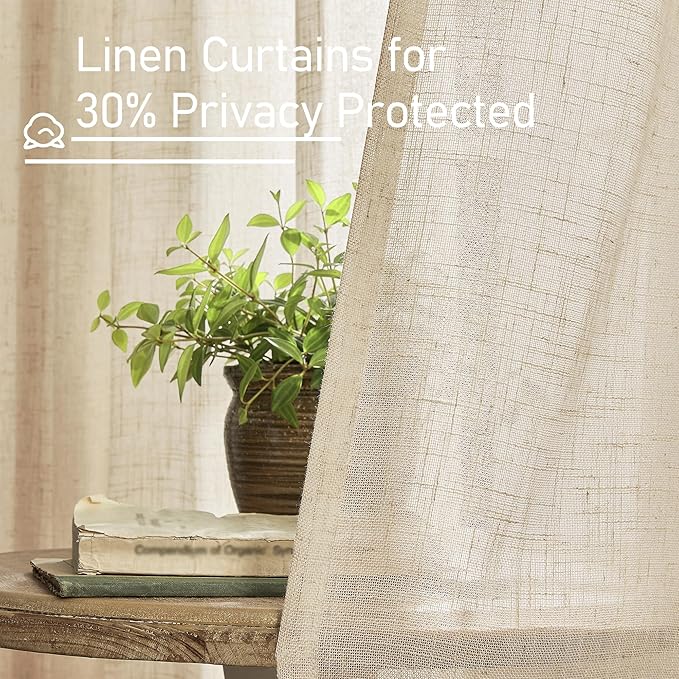 LAMIT Light Filtering Linen Curtains 72 Inches Long for Bedroom, Linen Textured Semi Sheer Back Tab and Rod Pocket Boho Drapes for Window/Living Room, Linen, 2 Panels, 34 x 72 Inch
