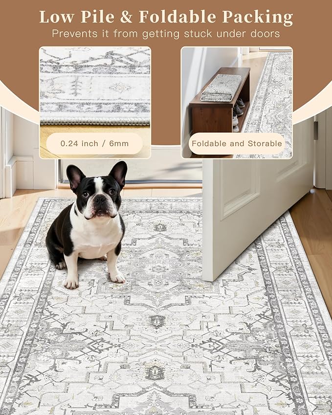 Madane Washable Area Rug 2x3, Small Entryway Rug Non-Slip Vintage Door Mat Indoor Entrance, Low Pile Floor Carpet for Inside Front Door Bedroom Kitchen Entry Laundry (2'x3', Grey)