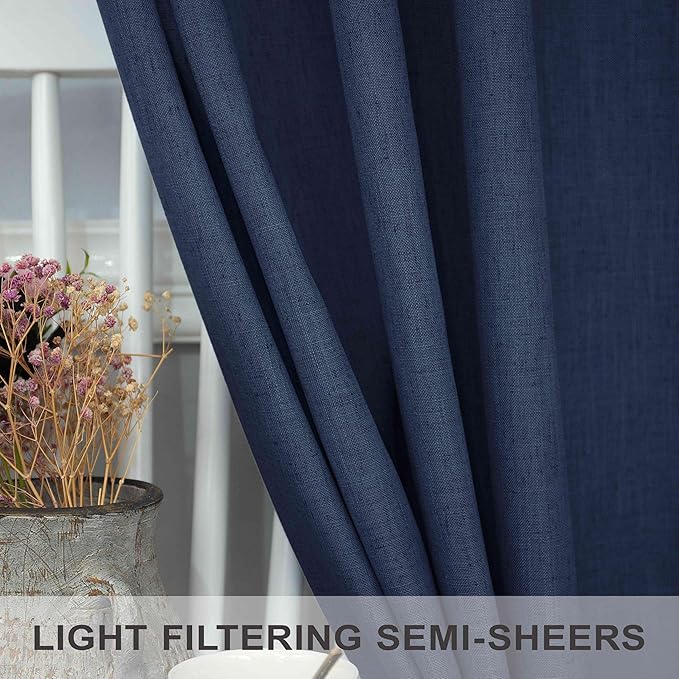 Pitalk 102 Inch Curtains Navy Blue Linen Drape for Bedroom 2 Panel Back Tab Loop Pocket Cotton Textured Semi Sheer Lightweight Dark Blue Indigo Curtain for Living Room Bay Window Nautical Decor 52x102