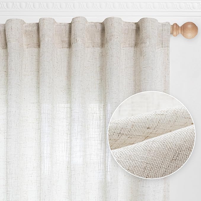 MYSKY HOME Linen Curtains for Sliding Door, Farmhouse Semi Sheer Ceiling Curtains Living Room Light Filtering Back Tab Elegant Style Soft Fabric, 50" x 95", Linen, 2 Panels