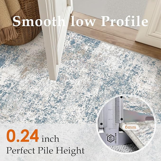 Blue 2x8 Runner Rug Washablel Abstract Hallway Carpet Modern Neutral Non Slip Soft Carpet Low Pile Contemporary Aesthetic Long Rug for Bathroom Laundry Kitchen Bedroom