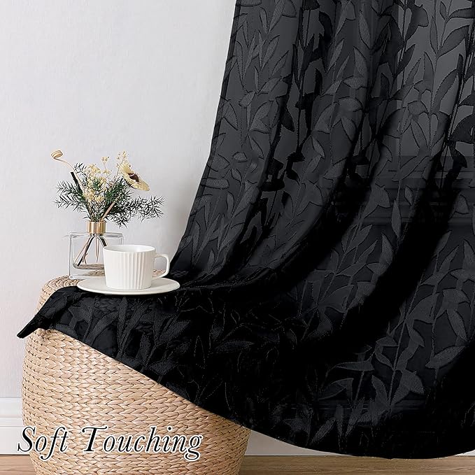 Lecloud Leia Black Sheer Curtains for Bedroom Decor 54 Inch Length 2 Pcs, Jacquard Leaf Textured Light Filtering Voile Living Room Curtains, Dual Rod Pockets Drapes, Each Panel 42" W x 54" L