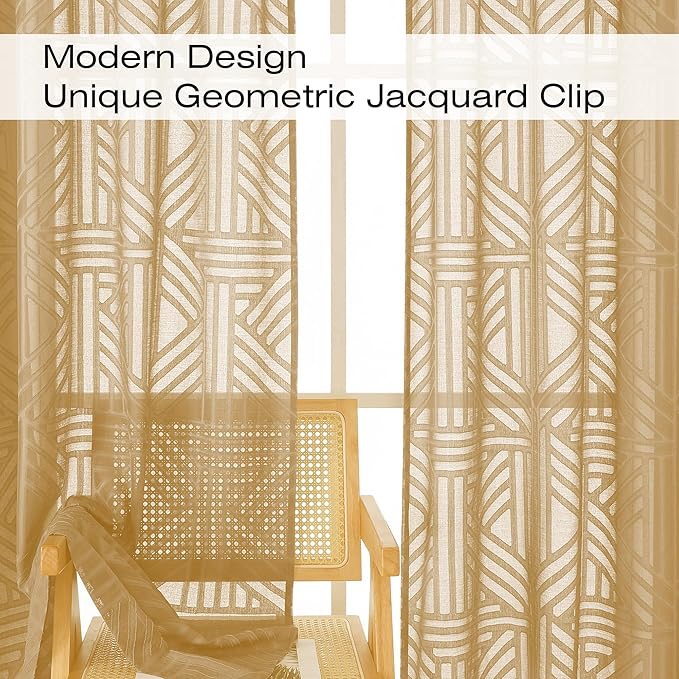 Simplebrand Semi Sheer Gold Curtains 30 Inch Length 2 Panels, Geometric Jacquard Clip Textured Short Sheer Curtains for Bedroom，Modern Elegant Window Curtains Panels/Drapes/Treatment, 30x30 inch