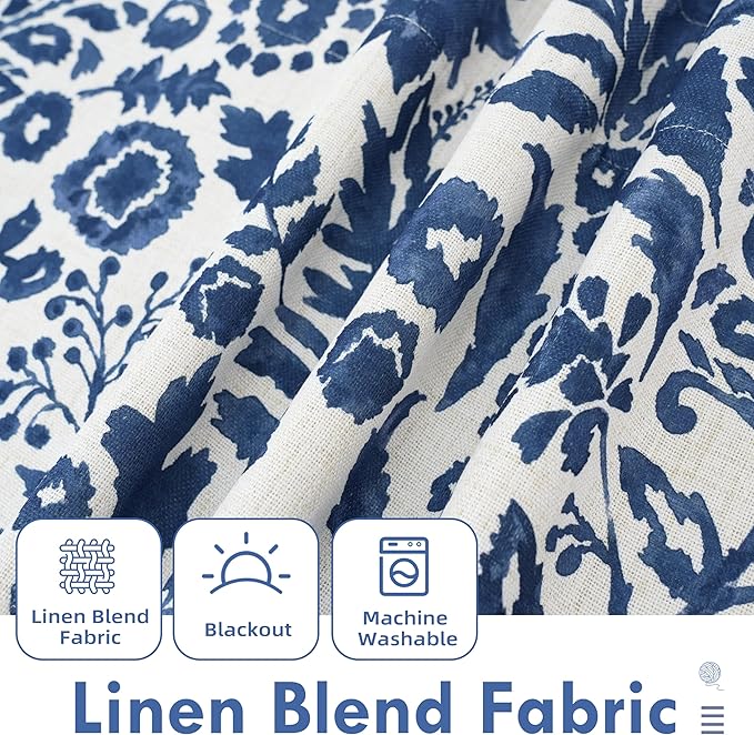 DriftAway Julia Watercolor Blooming Flower Floral Lined Thermal Insulated Window Curtain Valance Rod Pocket 52 Inch by 18 Inch Plus 2 Inch Header Linen Blend Navy 1 Pack