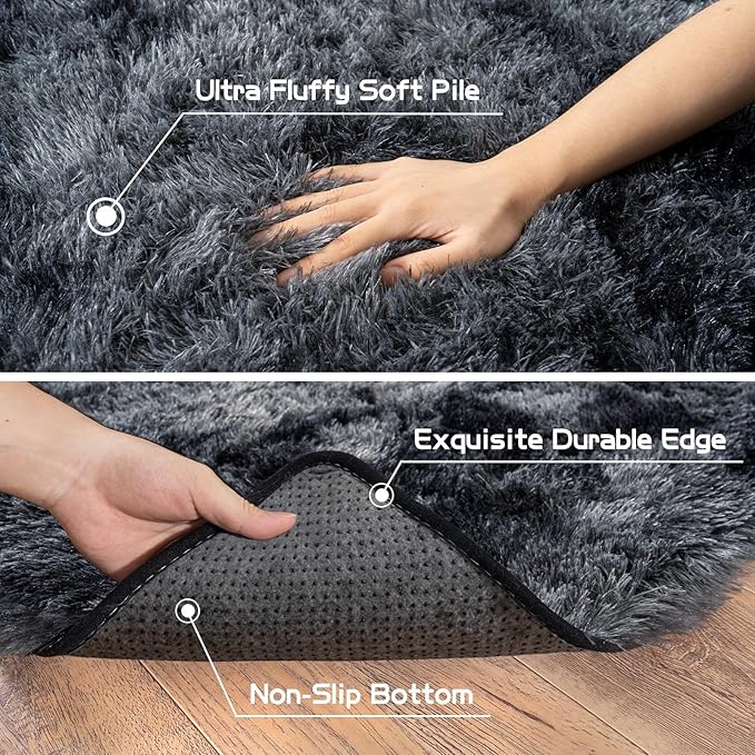 Pionblank Fluffy Area Rug for Bedroom 4x6 Feet, Indoor Plush Carpet, Shag Soft Bedside Rug, Cute Comfy Furry Rug for Living Room Dorm Girls Boys Room Nursery Decor, Dark Grey