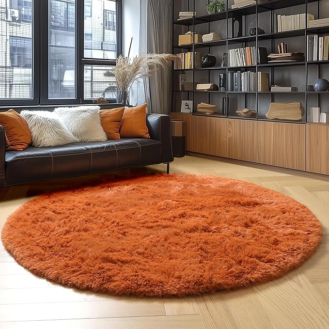Amdrebio Burnt Orange Round Circle Rug 4Ft for Bedroom Living Room Decor Aesthetic, Fluffy Furry Fuzzy Shaggy Area Rugs for Kids Room, Small Plush Shag Dark Orange Carpet for Nursery Dorm Classroom