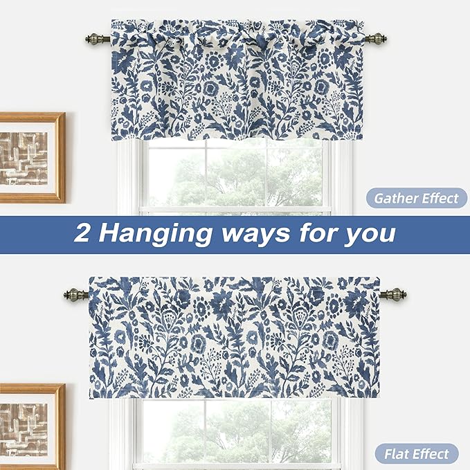DriftAway Julia Watercolor Blooming Flower Floral Lined Thermal Insulated Window Curtain Valance Rod Pocket 52 Inch by 18 Inch Plus 2 Inch Header Linen Blend Navy 1 Pack