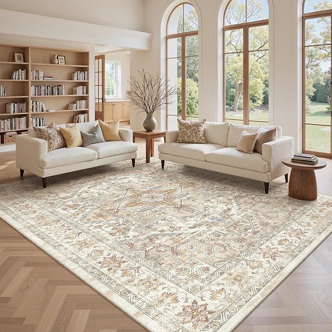 zesthome 8x10 Area Rugs - Stain Resistant Washable Rug for Living Room, Non-Slip Backing Large Area Rug with Ultra-Thin Low Pile for Bedroom, Vintage Home Decor