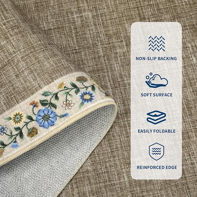 GarveeHome Entryway Rug 2x6 Modern Bordered Runner Rug Washable Kitchen Runners for Hallway Non-Slip Low-Pile Soft Carpet Floral Print Bathroom Mat for Bedroom Laundry Room, Dark Camel