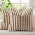 decorUhome Cozy Faux Fur Throw Pillow Covers 16x16 Set of 2 Decorative Soft Plush Striped Modern Farmhouse Boho Couch Pillow Cases with Velvet Back for Sofa Bed Living Room, Khaki Brown