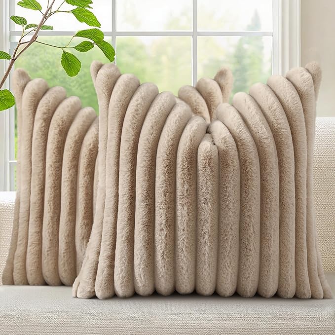 decorUhome Cozy Faux Fur Throw Pillow Covers 18x18 Set of 2 Decorative Soft Plush Striped Modern Farmhouse Boho Couch Pillow Cases with Velvet Back for Sofa Bed Living Room, Khaki Brown