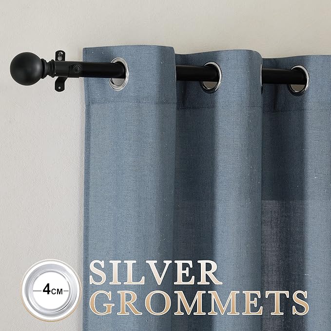NICETOWN Linen Blend Stone Blue Curtains for Living Room, Grommet Flax Burlap Drapes Semi Sheer Privacy with Light Filtering Window Treatments for Bedroom, W52 x L84, 2 Panels