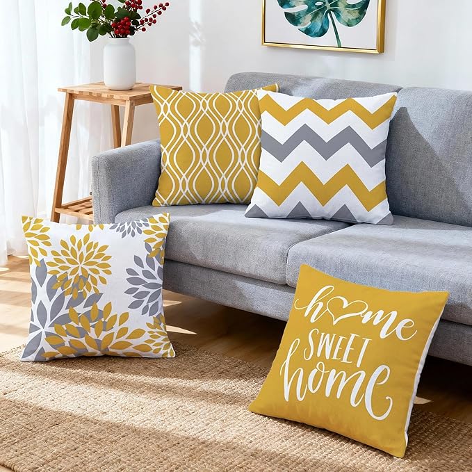 Hexagram Geometric Yellow Pillow Covers 20x20 Set of 4, Decorative Outdoor Boho Modern Throw Pillow Covers, Home Sweet Home Farmhouse Cushion Case for Couch Sofa Bedroom Indoor Decor(No Insert)