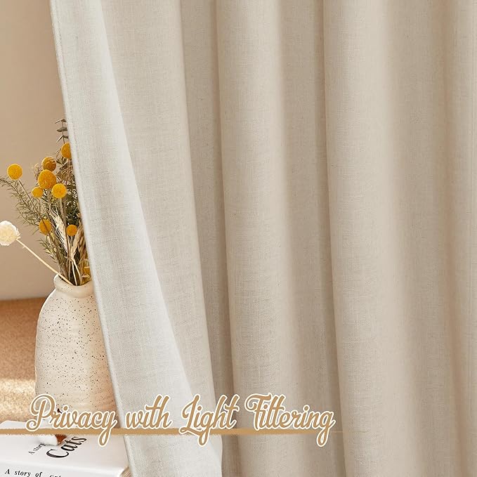 NICETOWN Linen Cream Curtains 90 inches Long, Rod Pocket & Back Tab Flax Linen Burlap Semi Sheer with Light Filtering Privacy Window Treatments for Bedroom/Living Room, W52 x L90, 2 Pieces