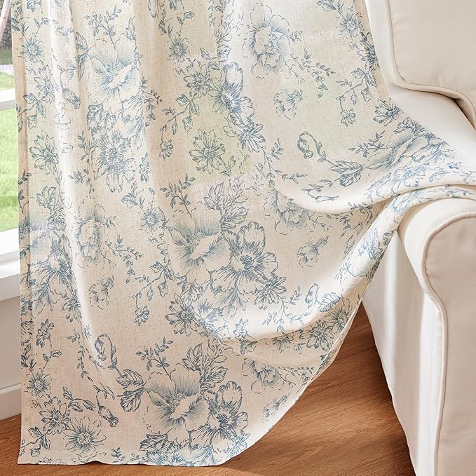 jinchan Linen Blend Curtain Floral Curtains for Living Room 54 Inch Length Blue Printed Curtain Rod Pocket Back Tab Farmhouse Peony Flower Patterned Drapes Bedroom Window Curtains Set 2 Panels