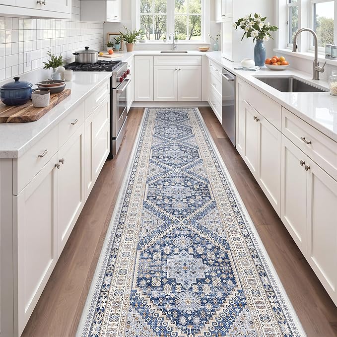 zesthome Washable Runner Rug 2.5x16 - Stain Resistant Entryway Rug,Ultra-Thin Kitchen Rugs, Anti Slip Backing Runner Rugs for Entrance Laundry Room Indoor Hallway (Blue/Beige,2.5'x16')