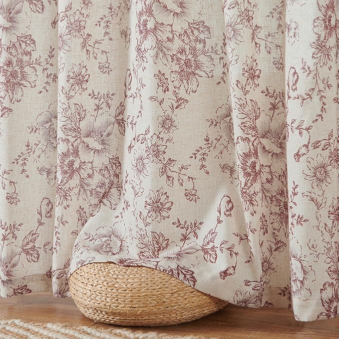 jinchan Linen Blend Curtain Floral Curtains for Living Room 90 Inch Length Farmhouse Brick Red Printed Curtain Rod Pocket Back Tab Peony Flower Patterned Drapes Curtains Set 2 Panels