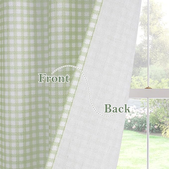 RYB HOME Sage Green Cafe Curtains Rustic Plaid Kithen Tier, Classic Short Checkered Drapes 36 inch Length Small Window Treatment for Living Room Bathroom Bistro Farmhouse Valance, W26 x L36, 2 Panels