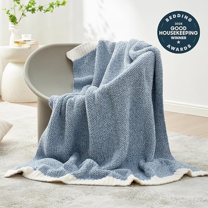 Snuggle Sac Blue Throw Blankets for Couch, Reversible Super Soft Warm Blankets Cozy Knit Blanket Fuzzy Plush Throws for Sofa, Bed, Gift, Heather Blue, 50 x 60 inches