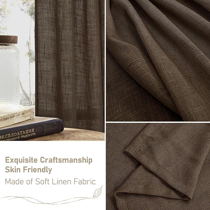 LAMIT Dark Brown Linen Boho Curtains 84 inch Length 2 Panels, Light Filtering Semi Sheer Panels Back Tab and Rod Pocket Neutral Drapes for Bedroom/Living Room, 34 x 84 Inch