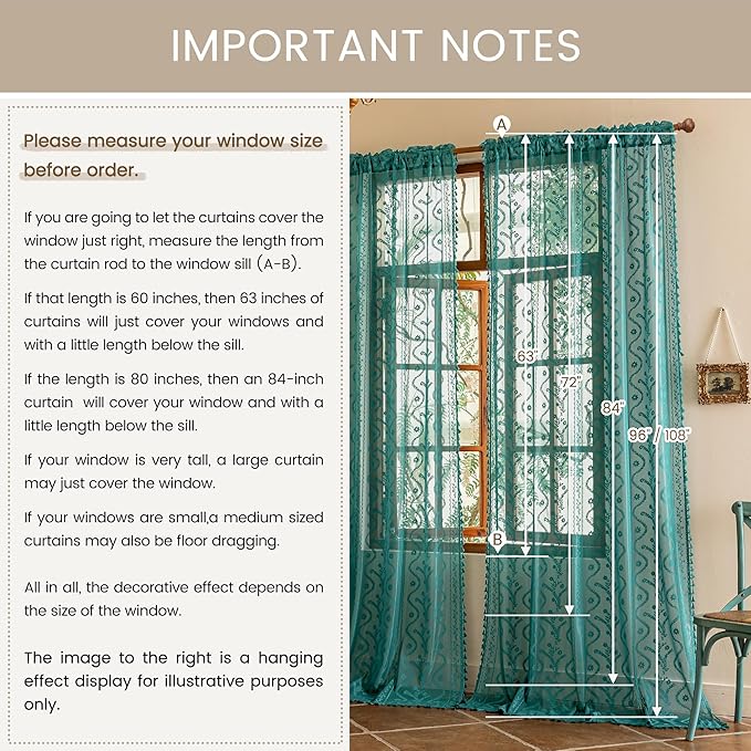 WAZZIO Boho Lace Curtains 2 Panels 63 Inch -Victorian Sheer Panel Drape French Country Floral Pattern & Tassel Light Filtering Privacy for Bedroom Dining Living Room,Coastal Decor,Teal,W52x L63