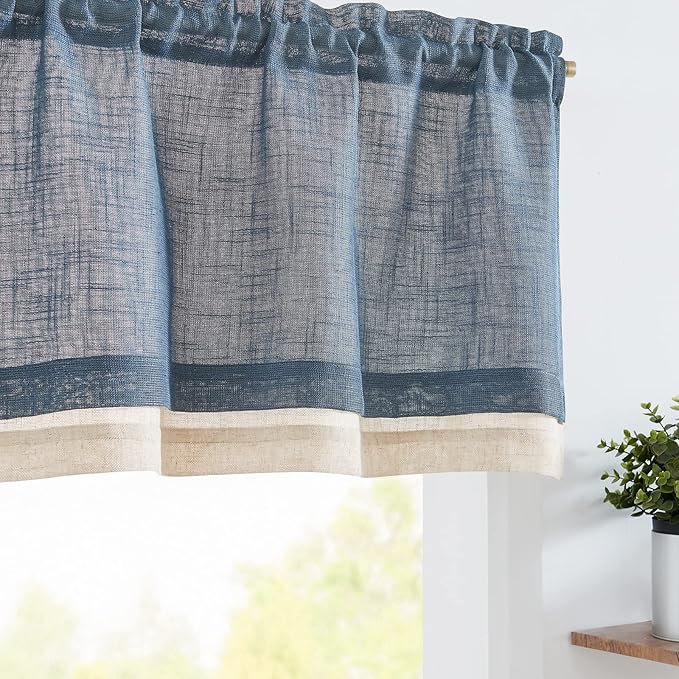 jinchan Linen Valance for Farmhouse Living Room Windows 16 Inch Slubbed Crossed Double Layer Window Valance Light Filtering Rustic Country Overlay Rod Pocket 1 Panel Navy Blue