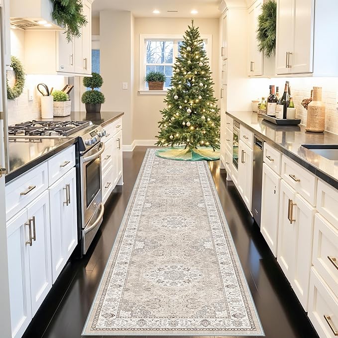 Hallway Washable Runner Rug - 3x16 Kitchen Rugs Entryway Rug Runner Vintage Soft Floor Mat Non Slip Indoor Farmhouse Carpet for Bathroom Living Room Bedroom (3 X 16, Beige)