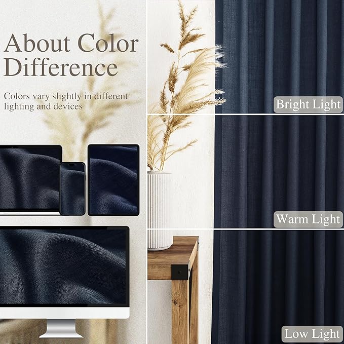 Nanspring Navy Blue Extra Long Curtain 102 inches Long 2 Panels Set for Living Room Back Tab Modern Farmhouse Coastal Decor Cotton Textured Blue Sheer Linen Curtains for High Window 52x102 Indigo