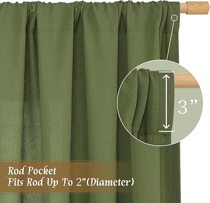 LAMIT Linen Blended Curtains 84 inch for Living Room, Linen Textured Light Filtering Drapes Rod Pocket Boho Panels for Farmhouse/Living Room, 2 Panels, 52 x 84 Inch, Olive Green
