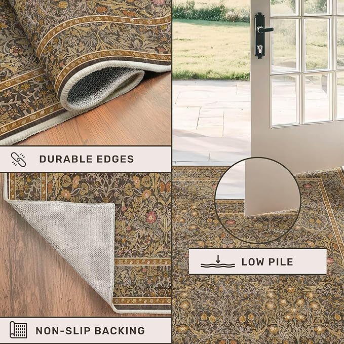 Washable Runner Rug Non Slip 2x6, Gold Brown Runner Rug for Kitchen, Bathroom, Entryway, Hallway, Laundry Room, Bedroom Bedside, Vintage Floral Stain Resistant Soft Low Pile Carpet