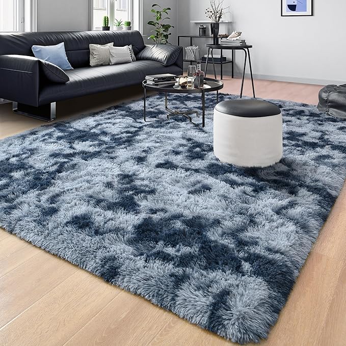 Tepook Area Rugs 9x12 for Living Room, Super Soft Fluffy Rugs for Bedroom, Modern Shaggy Rug Fuzzy Carpets for Kids, Plush Indoor Nursery Home Decor Rug with Non-Slip Bottom, Tie-Dyed Blue and Grey