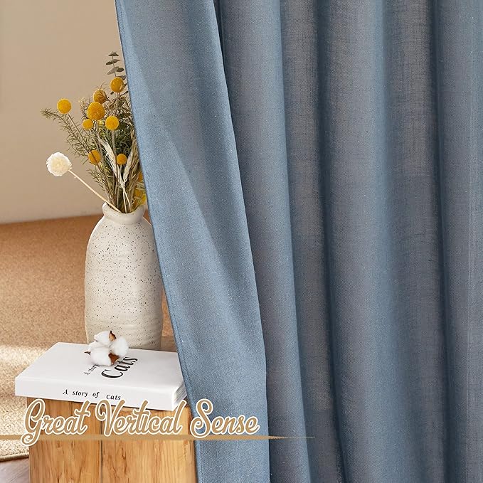 NICETOWN Linen Blend Stone Blue Curtains for Living Room, Rod Pocket & Back Tab Flax Burlap Drapes Semi Sheer Privacy with Light Filtering Window Treatments for Bedroom, W52 x L84, 2 Panels